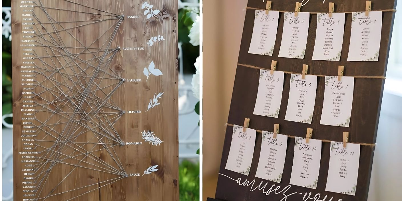 Plan de table rustique pour mariage avec design en bois, fils de corde et cartes nominatives